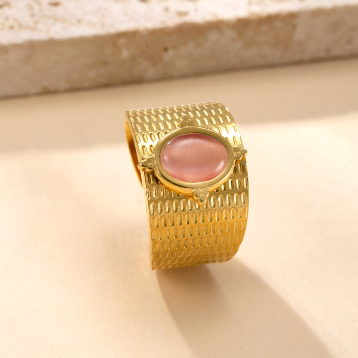 Fashion Stainless Steel Ring Palace Style Light Luxury Open Ring Hydraulic Inlaid Oval Natural Stone Titanium Steel Ring