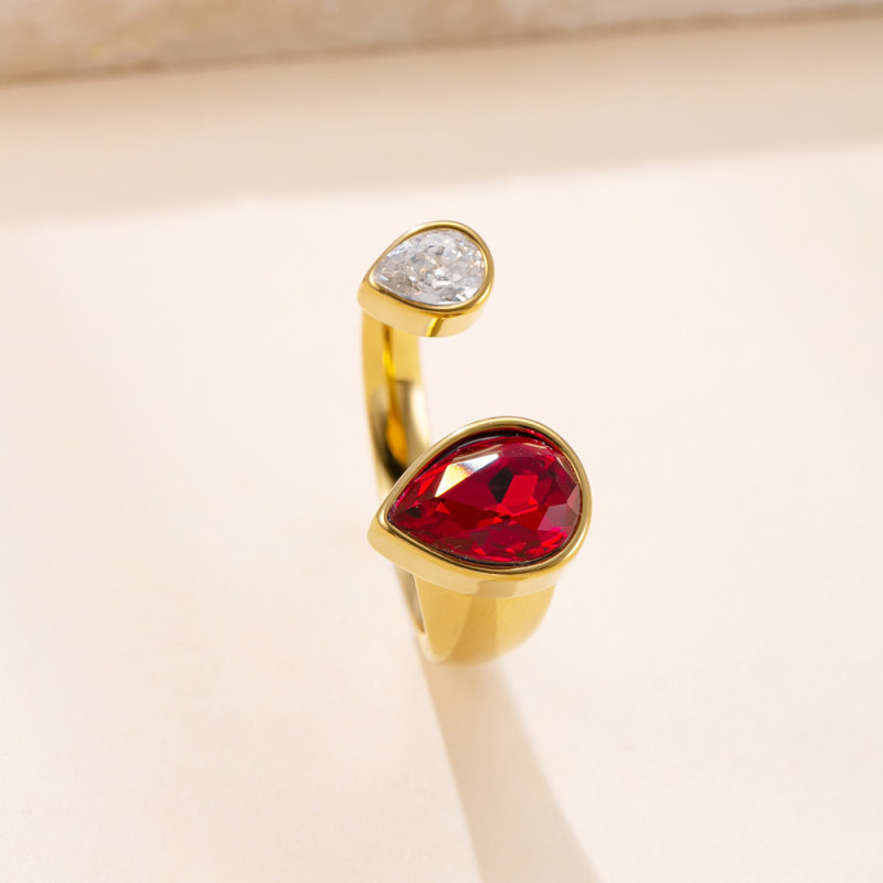 European and American Fashion Stainless Steel Ring Cast Inlaid with Colored Diamond Water Drop Shape Ring Light Luxury Versatile Zircon Open Ring