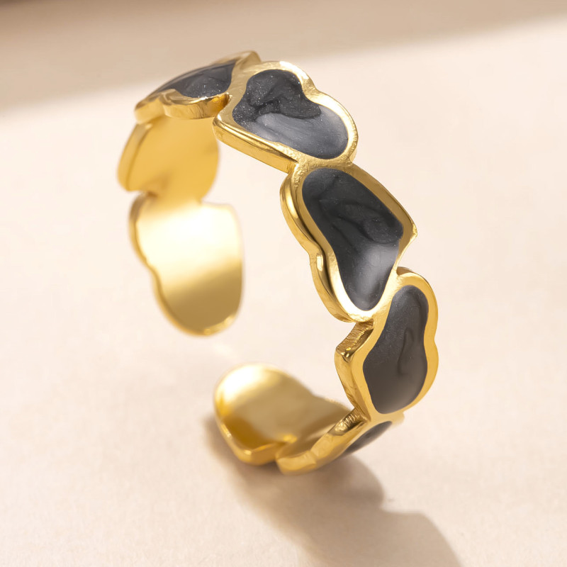 Cross-Border Stainless Steel Jewelry Fashion Versatile 18K Gold-Plated Titanium Steel Ring Black Oil Heart Round Open Ring