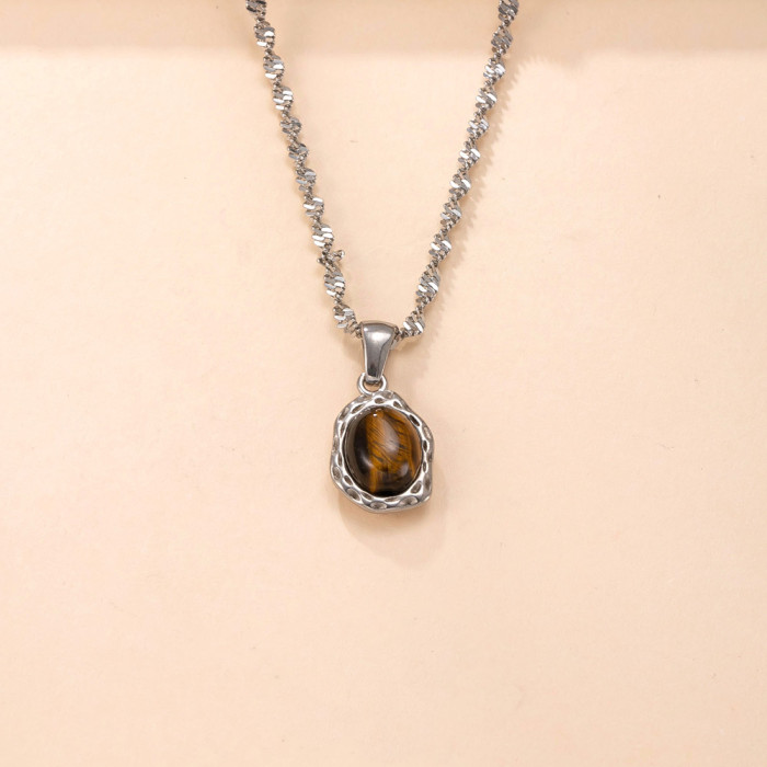 Single Pendant Stainless Steel Casting Jewelry High-End Vacuum Electroplated 18K Oval Natural Stone Necklace DIY