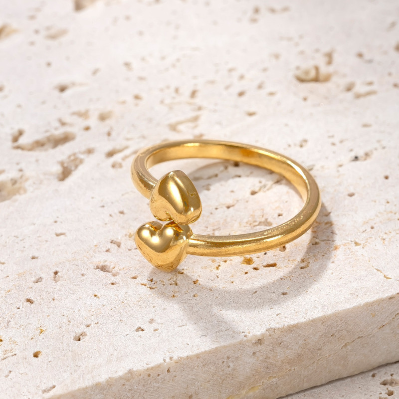 Cross-Border Hot Selling Stainless Steel Ring Double Heart Open Ring Korean Style Simple 18K Gold Plated Titanium Steel Jewelry Wholesale Factory