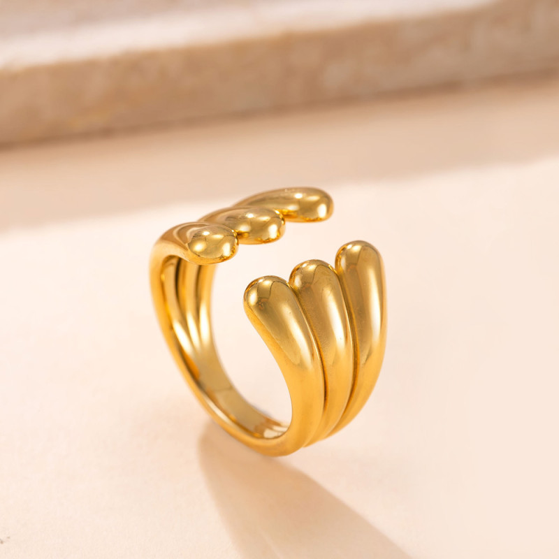 Cross-Border New Titanium Steel Jewelry Light Luxury Design Sense 18K Gold Plated Ring Casting Three-Layer Open Stainless Steel Ring