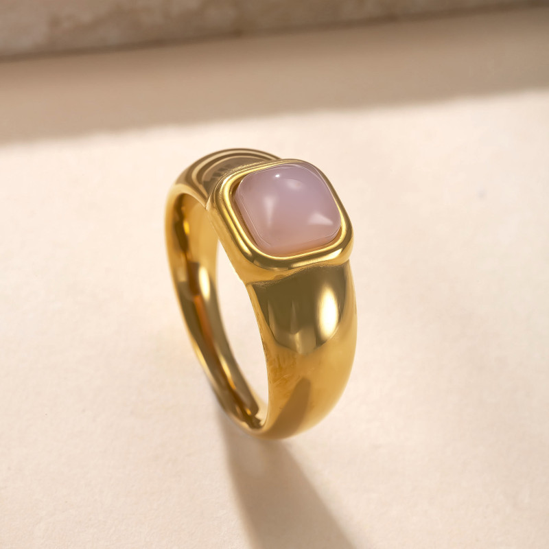European and American Cross-Border Titanium Steel Ring for Women, Non-Fading, Cast Square Gemstone Ring, 18K Gold Plated Stainless Steel Jewelry