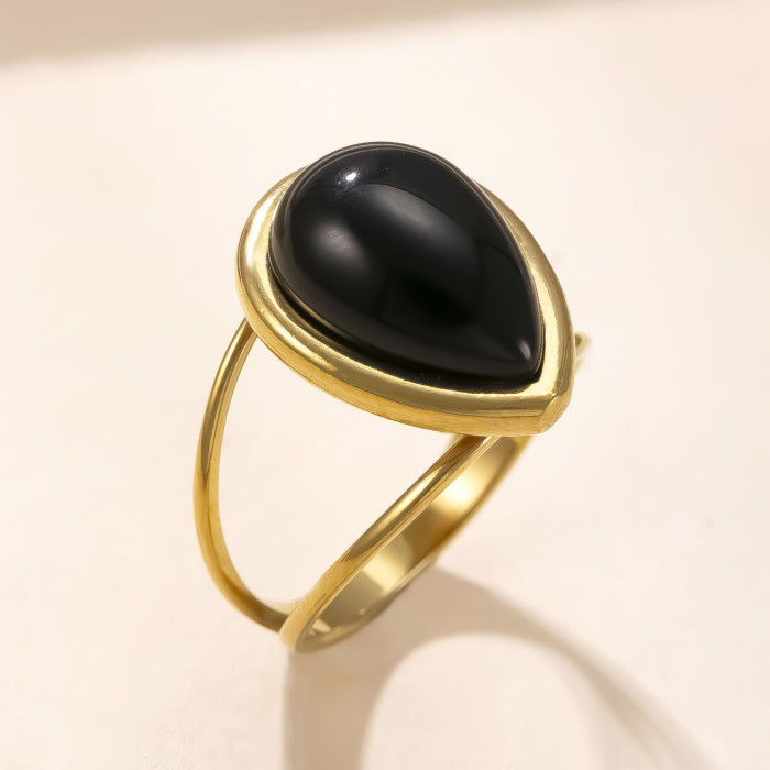 New Stainless Steel Ring Palace Style Oil Pressure Water Drop Shaped Gemstone Ring Size Couple Ring Hand Jewelry