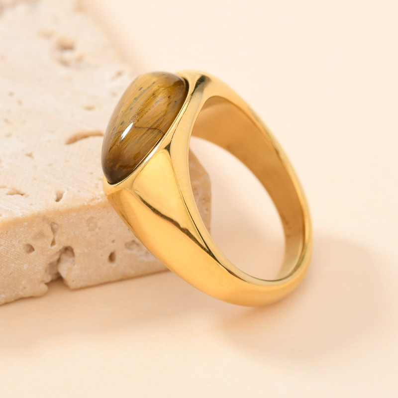 Cross-Border Retro Style Cast Three-Dimensional Triangle Ring Simple Design Inlaid with Natural Stone 18k Gold Stainless Steel Jewelry