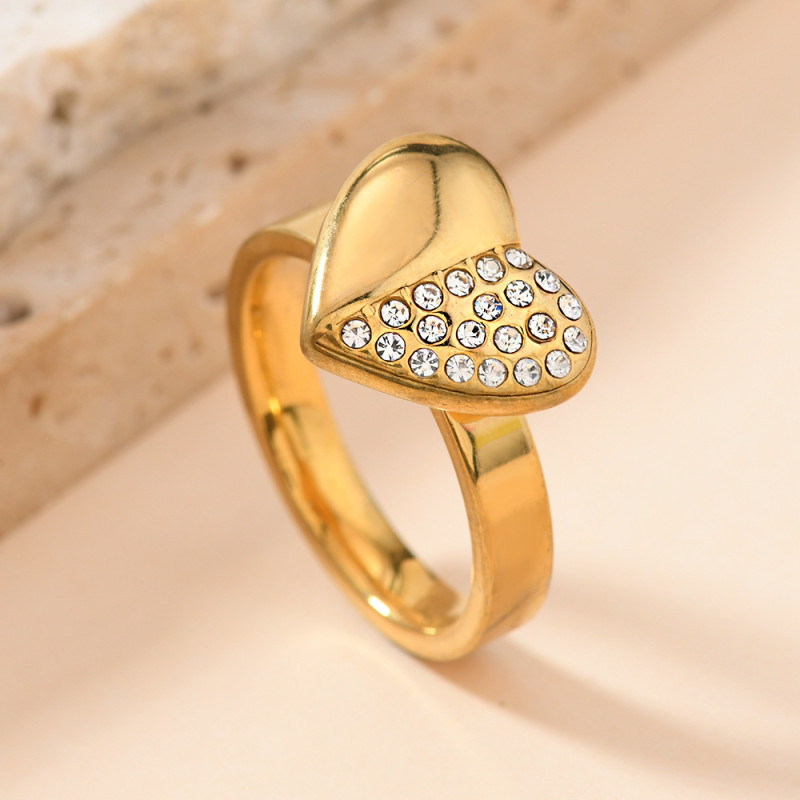 Cross-Border Foreign Trade Stainless Steel Ring Heart Cross Diamond-Studded Ring Light Luxury Temperament 18k Gold Plated Couple Rings