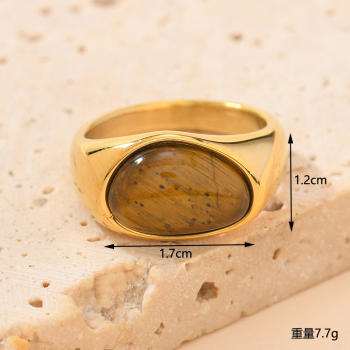 Cross-Border Retro Style Cast Three-Dimensional Triangle Ring Simple Design Inlaid with Natural Stone 18k Gold Stainless Steel Jewelry