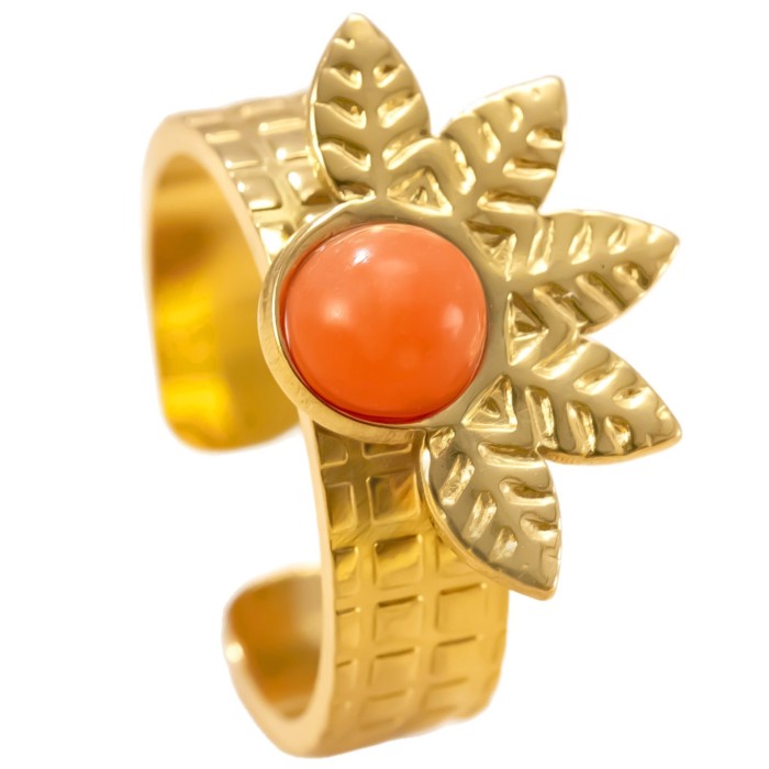European and American Cross-Border Stainless Steel Ring Hydraulic Five-Leaf Clover Natural Stone Open Ring Vintage Design Titanium Steel Jewelry