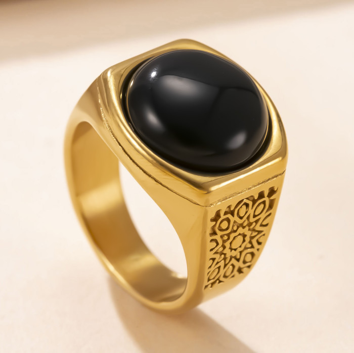 Amazon New Stainless Steel Ring Casting Geometric Blue Turquoise Couple Ring Retro Light Luxury Style Titanium Steel...