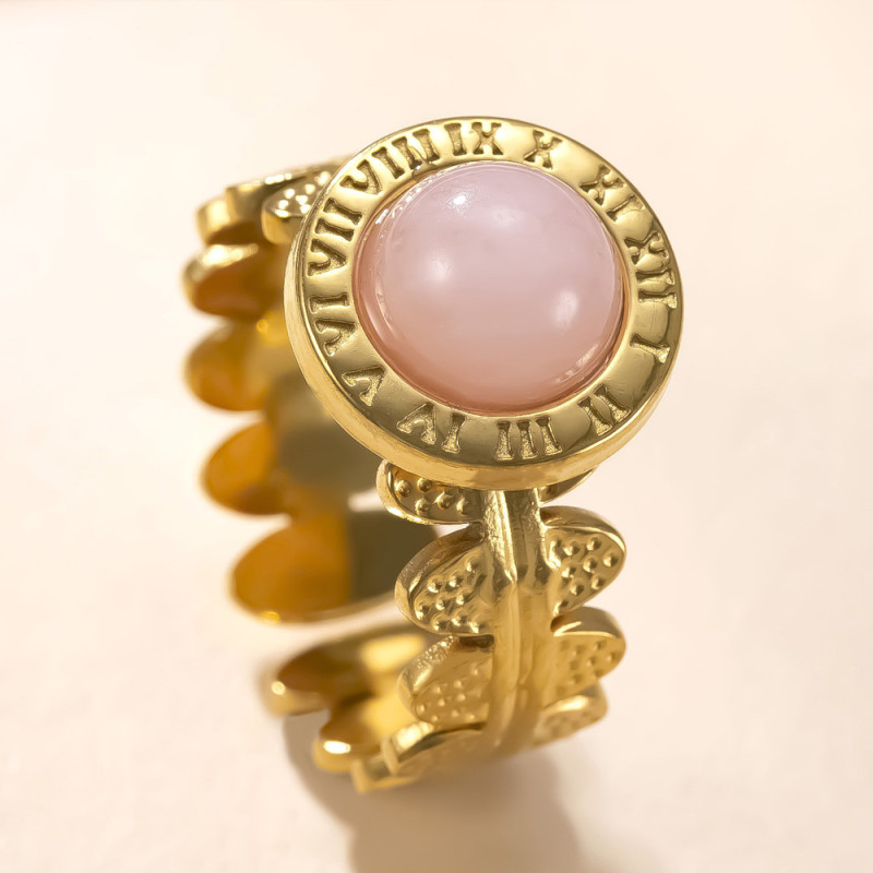 Cross-Border Stainless Steel Ring Light Luxury Palace Style Roman Numeral Ring Gemstone Open Ring Female Titanium Steel Jewelry