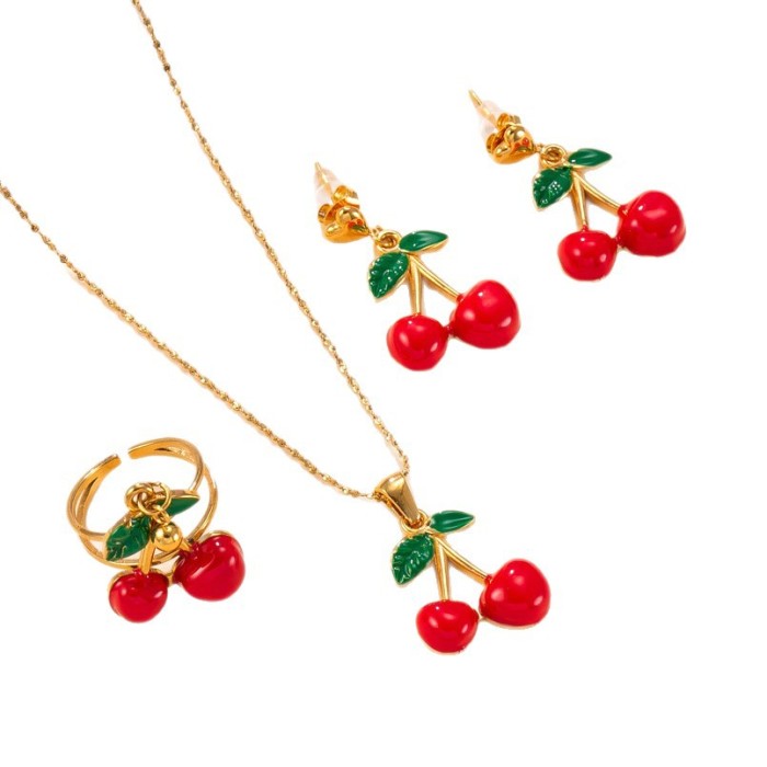 Stainless Steel Necklace for Women Korean Sweet 18K Gold Plated Ring Oil-Drip Strawberry Cherry Titanium Steel Jewelr...