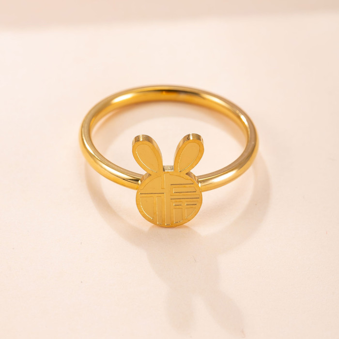 Cross-Border Hot-Selling Stainless Steel Ring Welding Brand Lucky Rabbit 18K Gold Plated Index Finger Ring Sweet Cute Titanium Steel Jewelry Manufacturer