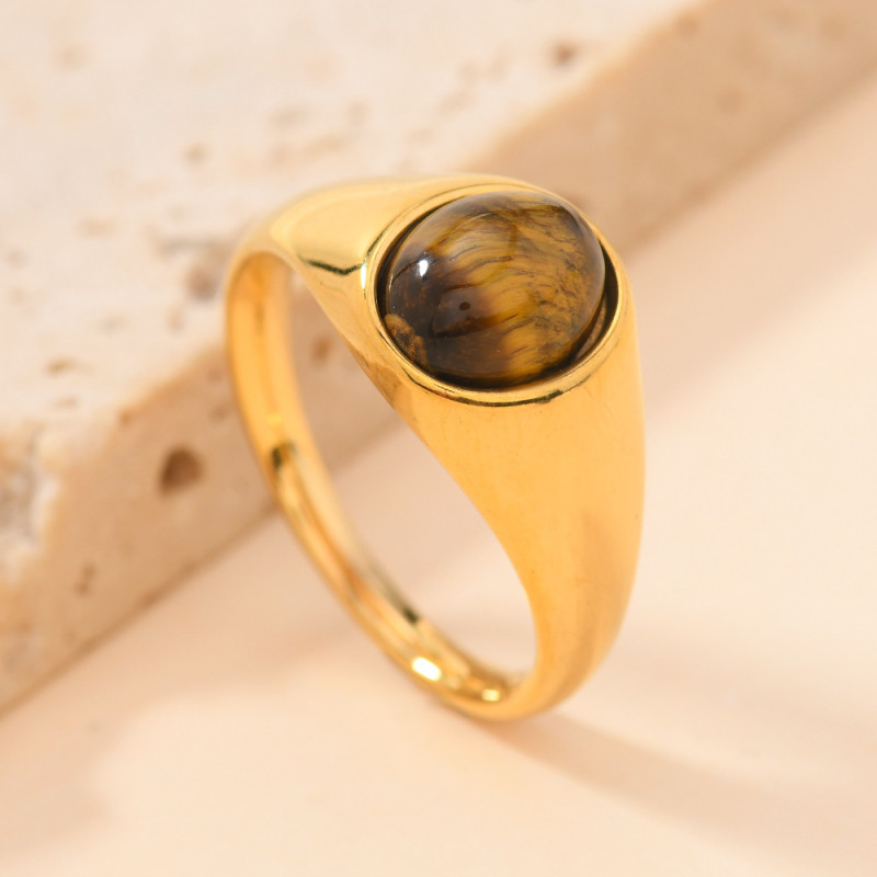 Cross-Border European and American Style Stainless Steel Jewelry Light Luxury Fashion Casting Inlaid Oval Natural Stone Titanium Steel Ring Manufacturer