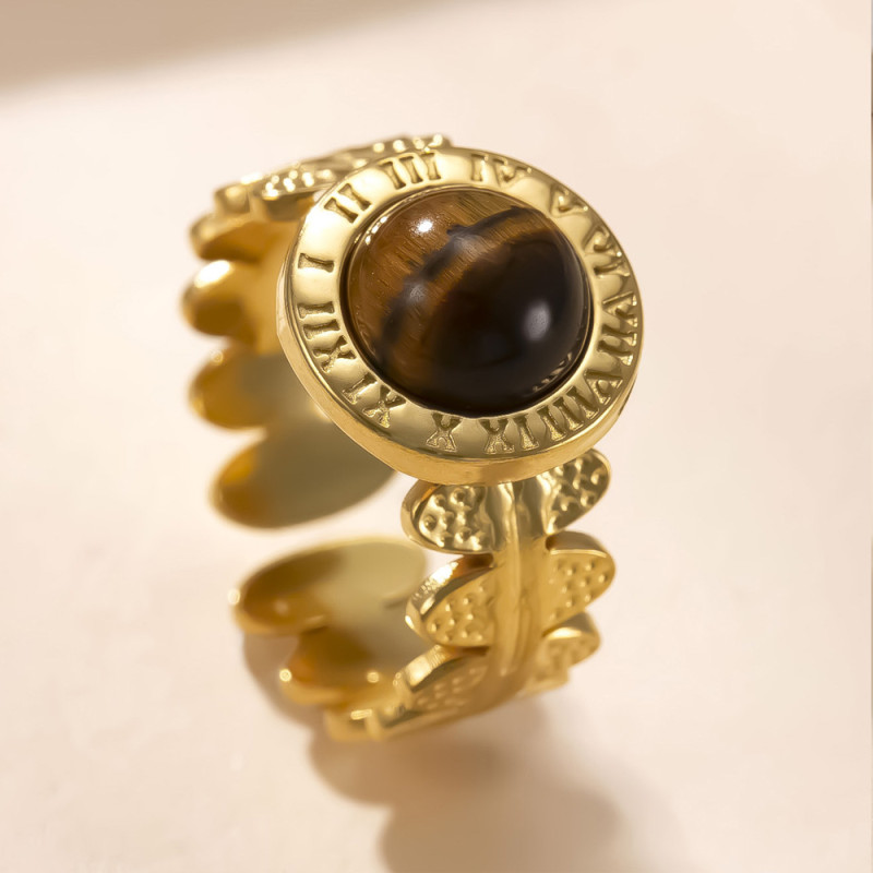 Cross-Border Stainless Steel Ring Light Luxury Palace Style Roman Numeral Ring Gemstone Open Ring Female Titanium Steel Jewelry