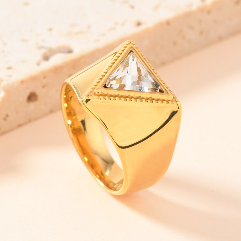 European and American Cross-Border Titanium Steel Ring Casting Triangle Inlaid with Colored Diamonds Ring Light Luxury Style Stainless Steel Jewelry Wholesale