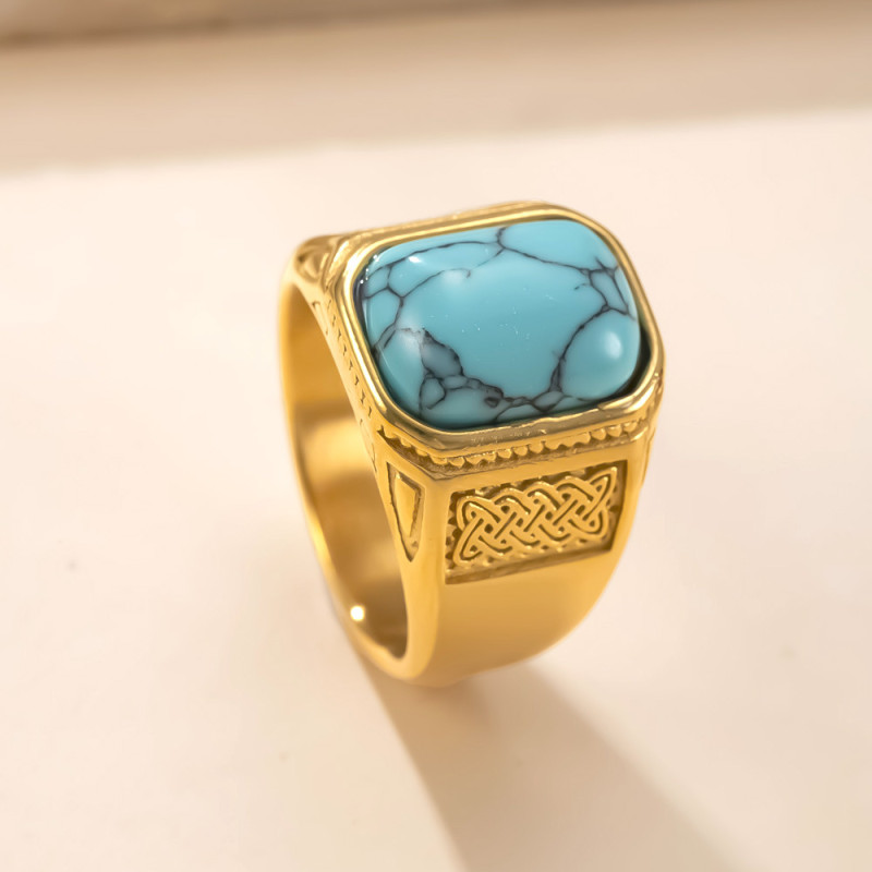 Amazon New Stainless Steel Ring Casting Geometric Blue Turquoise Couple Ring Retro Light Luxury Style Titanium Steel Jewelry