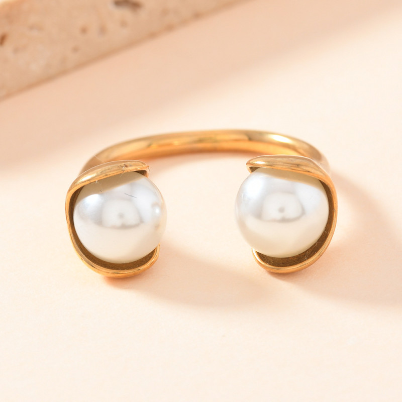 European and American Cross-Border Stainless Steel Open Ring Pearl Ring for Women Niche Design Light Luxury High-End Titanium Steel Hand Jewelry