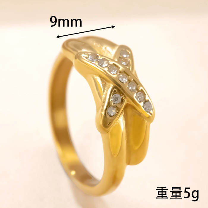 Amazon New Stainless Steel Ring Cross Stone-Inlaid Ring for Women High-end Fashion 18K Gold Plated Titanium Steel J...