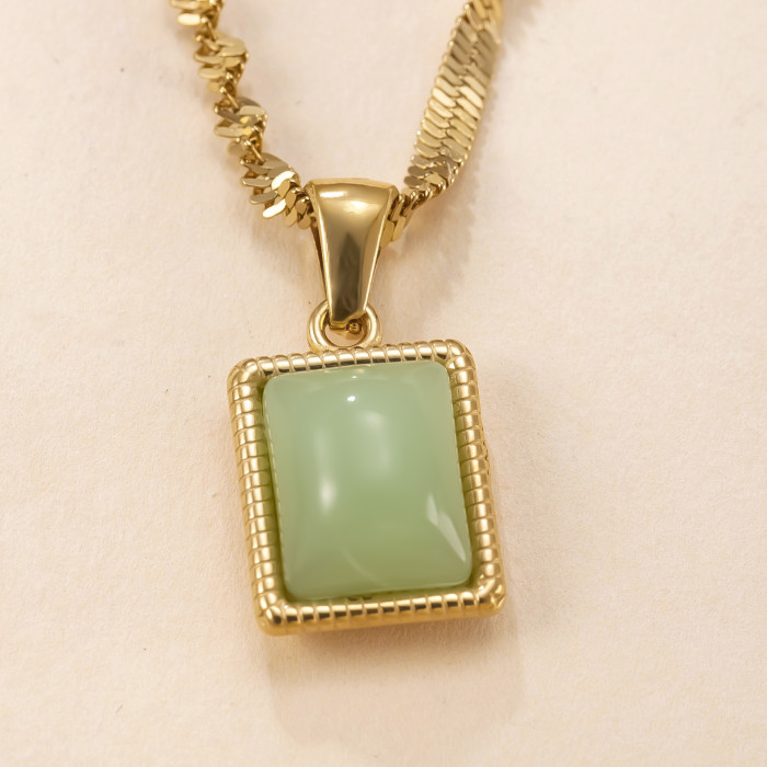 Single Pendant Stainless Steel Jewelry Light Luxury Retro Square Natural Stone Necklace DIY Accessories 18K Gold Plat...