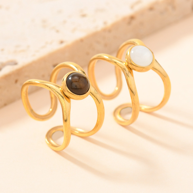 Cross-Border New Stainless Steel Ring Bohemian Double Line Natural Stone Ring 18K Gold Plated Ring Jewelry