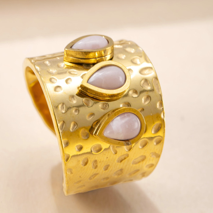 New Stainless Steel Jewelry Retro High-End Open Ring Hydraulic Water Drop Natural Stone Titanium Steel Ring Factory