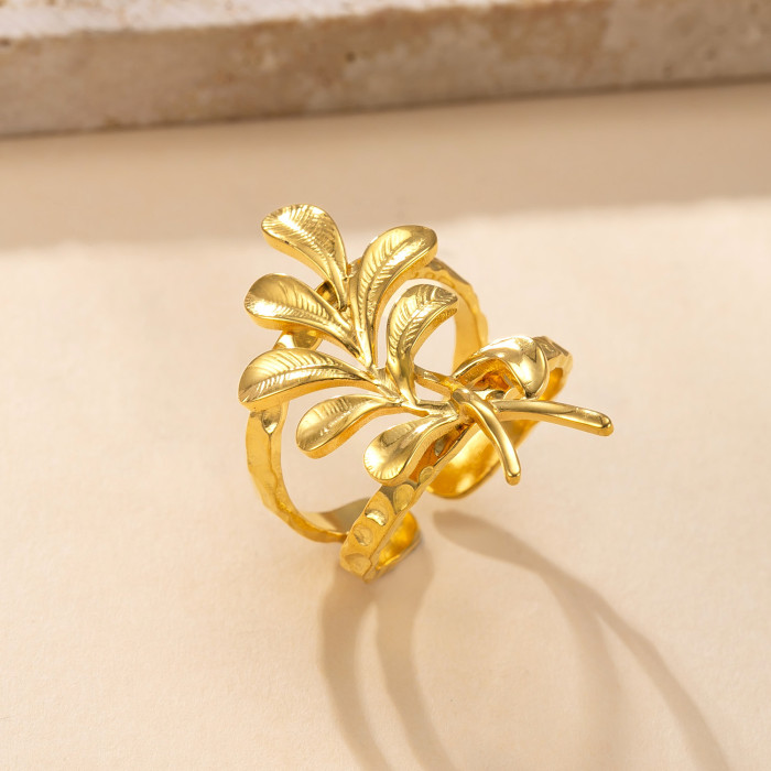 Amazon New Titanium Steel Jewelry Design Sense 18K Gold Plated Open Ring Hydraulic Press Flower Leaf Stainless Steel...