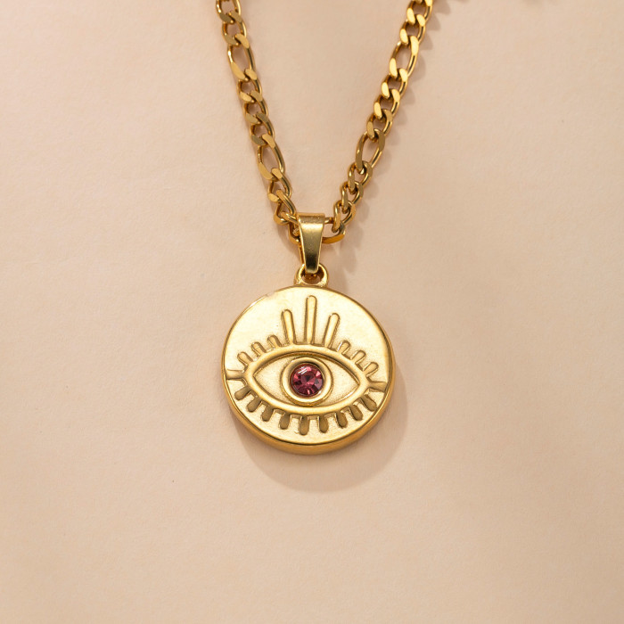 Single Pendant Cross-Border Stainless Steel Casting Jewelry Round Plate Inlaid Diamond Necklace Accessories Light Luxury Retro DIY Jewelry Wholesale