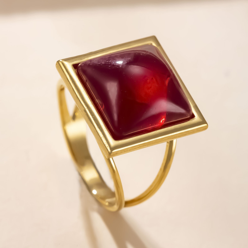 Cross-Border New Product Stainless Steel Jewelry Simple Palace Style Hydraulic Square Ring 18K Gold Plated Gemstone Ring Manufacturer