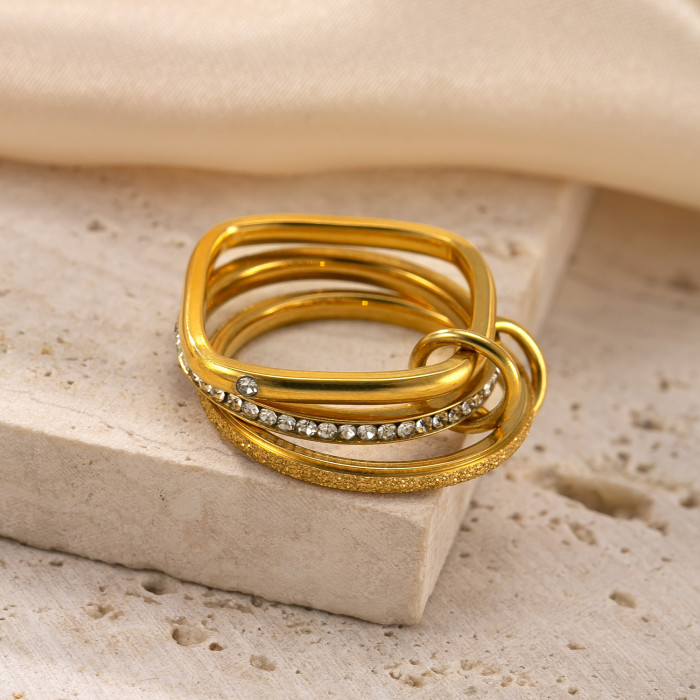 Hot-Selling Stainless Steel Jewelry 18K Gold Plated High-End Feel Stackable Ring Three-Layer Color Matching Stone-I...