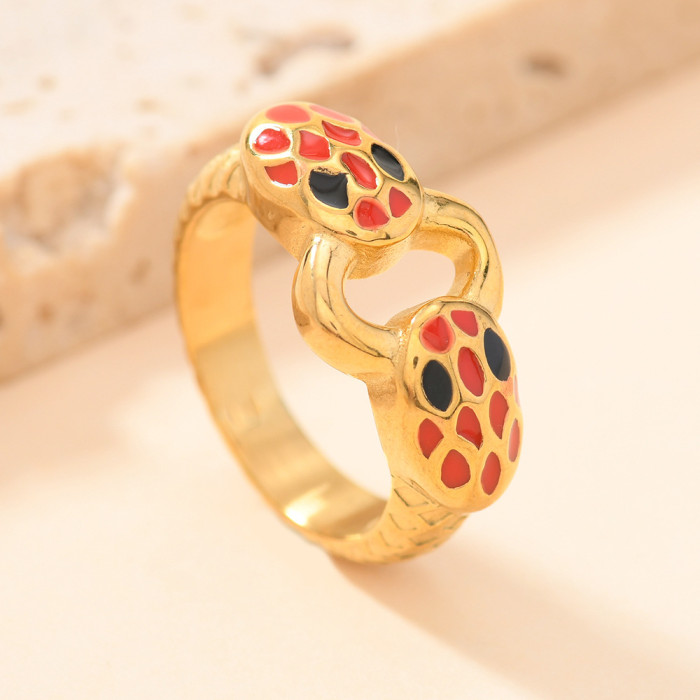 New Stainless Steel Ring Light Luxury Style Casting Drip Colorful Oil Double-Headed Snake Ring Ring Manufacturer