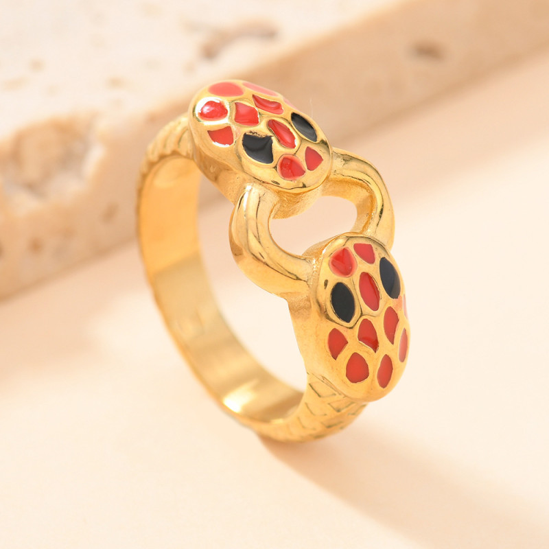 Cross-Border European and American New Stainless Steel Ring Light Luxury Style Casting Drip Colorful Oil Double-Headed Snake Ring Ring Manufacturer