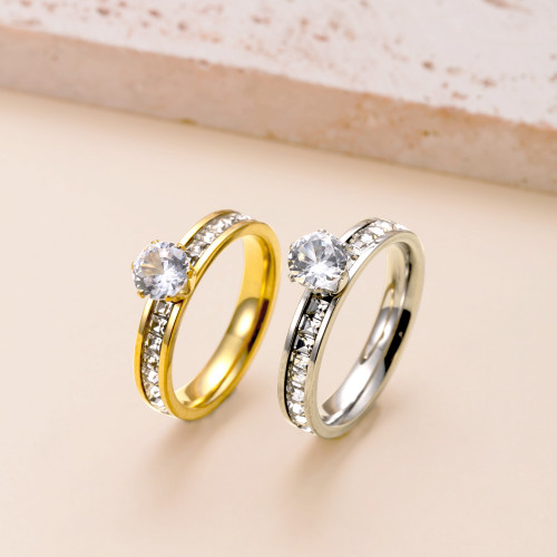Cross-Border Hot Selling Stainless Steel Ring Six-Claw Diamond-Encrusted Couple Rings Fashionable High-End Titanium Steel Jewelry Wholesale Factory