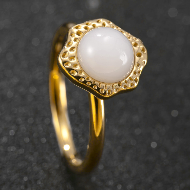 Cross-Border New Stainless Steel Ring Irregular Sunflower Natural Stone Ring Melad Vintage Titanium Steel Jewelry Factory