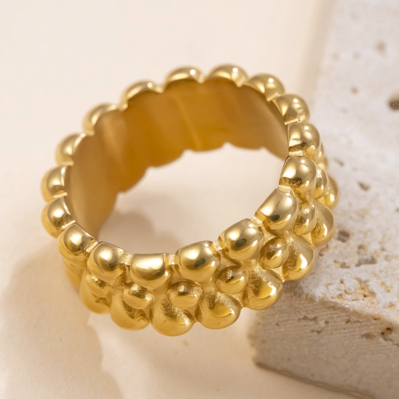 Cross-Border New Stainless Steel Ring Casting Multi-Layer Round Bead Water Drop Ring Design Sense Plated 18k Gold Titanium Steel Jewelry