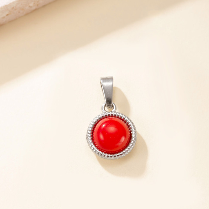 European and American Cross-Border Stainless Steel Necklace Embossed Inlaid Round Natural Stone Pendant Simple Versatile Titanium Steel Jewelry Accessories Factory