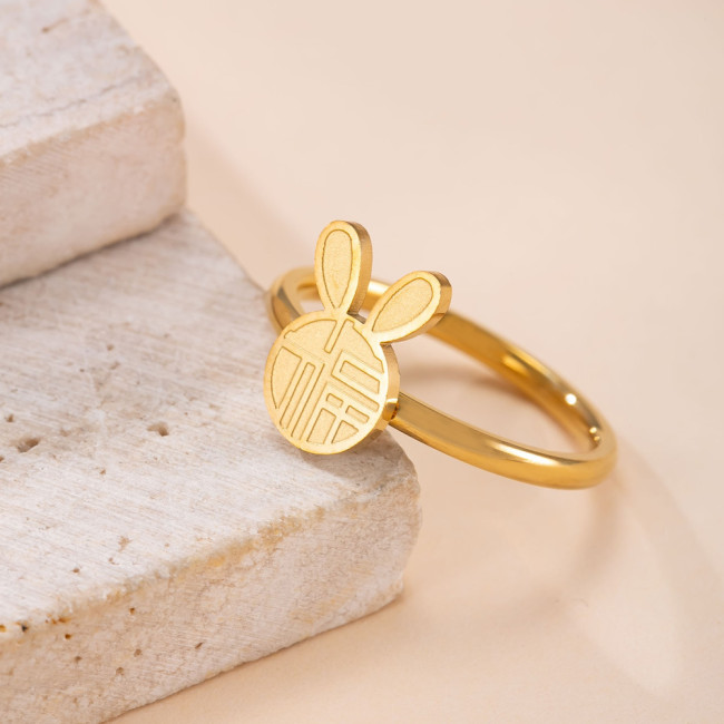Cross-Border Hot-Selling Stainless Steel Ring Welding Brand Lucky Rabbit 18K Gold Plated Index Finger Ring Sweet Cute Titanium Steel Jewelry Manufacturer
