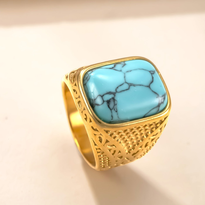 Amazon New Stainless Steel Ring Casting Geometric Blue Turquoise Couple Ring Retro Light Luxury Style Titanium Steel...