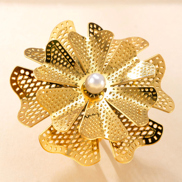 Cross-Border New Stainless Steel Ring Hollow Multi-Layer Flower Inlaid Pearl Open Ring Vintage Light Luxury Titanium Steel Jewelry