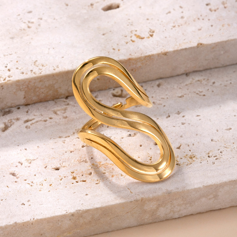 European and American Cross-Border Design Titanium Steel Ring Personality Exaggerated 18k Gold Ring for Women S-Shaped Hollow Stainless Steel Open Ring