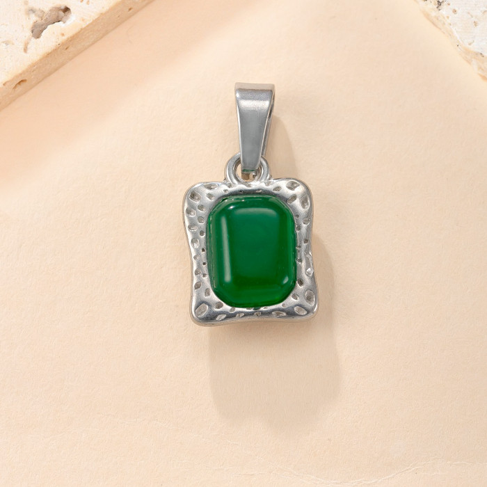 Single Pendant Cross-Border Hot Selling Stainless Steel Necklace Embossed Inlaid Square Natural Stone Necklace Fashion Versatile DIY Jewelry