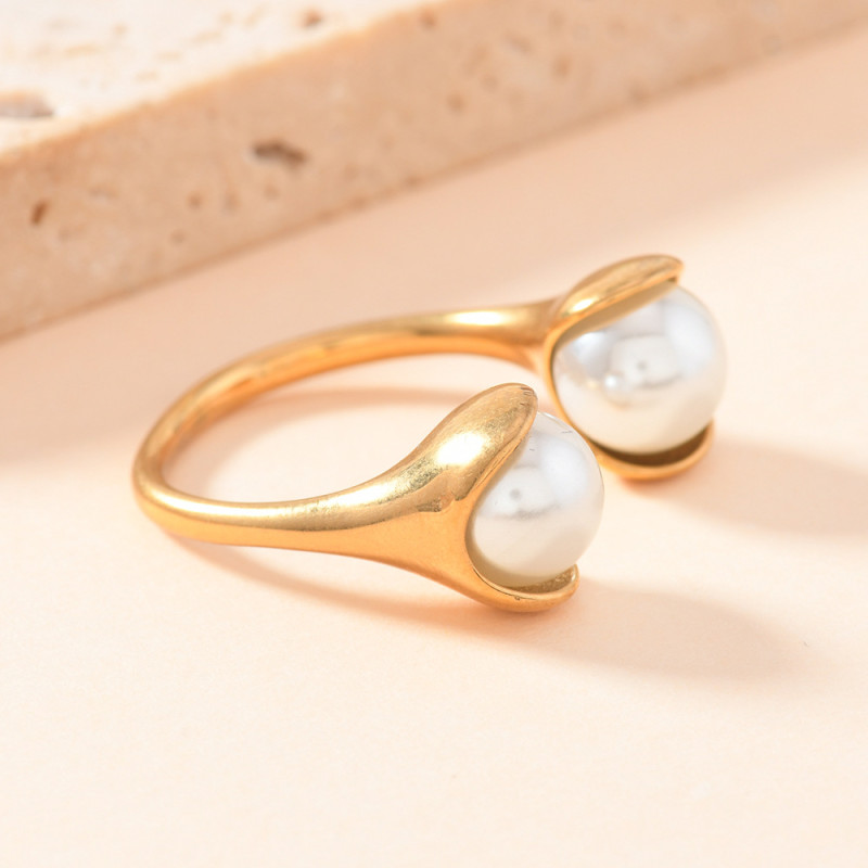 European and American Cross-Border Stainless Steel Open Ring Pearl Ring for Women Niche Design Light Luxury High-End Titanium Steel Hand Jewelry