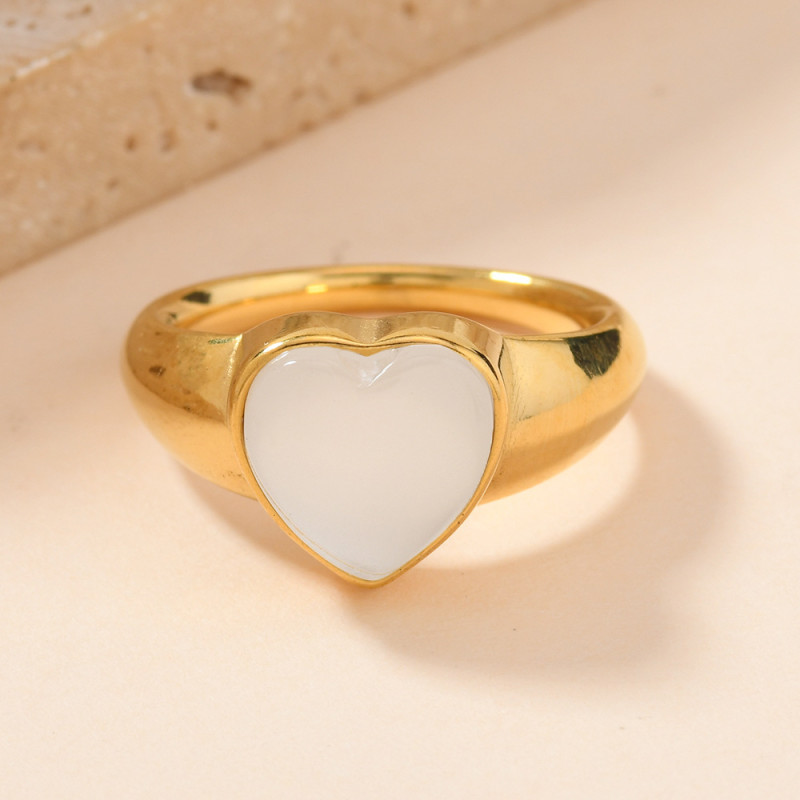 European and American Hot-Selling Titanium Steel Jewelry Natural Stone Heart Ring Niche Simple Style 18K Gold Plated Stainless Steel Ring Factory