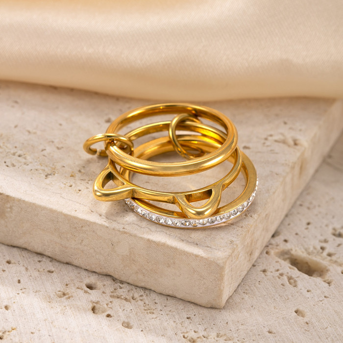 Hot-Selling Stainless Steel Jewelry 18K Gold Plated High-End Feel Stackable Ring Three-Layer Color Matching Stone-I...