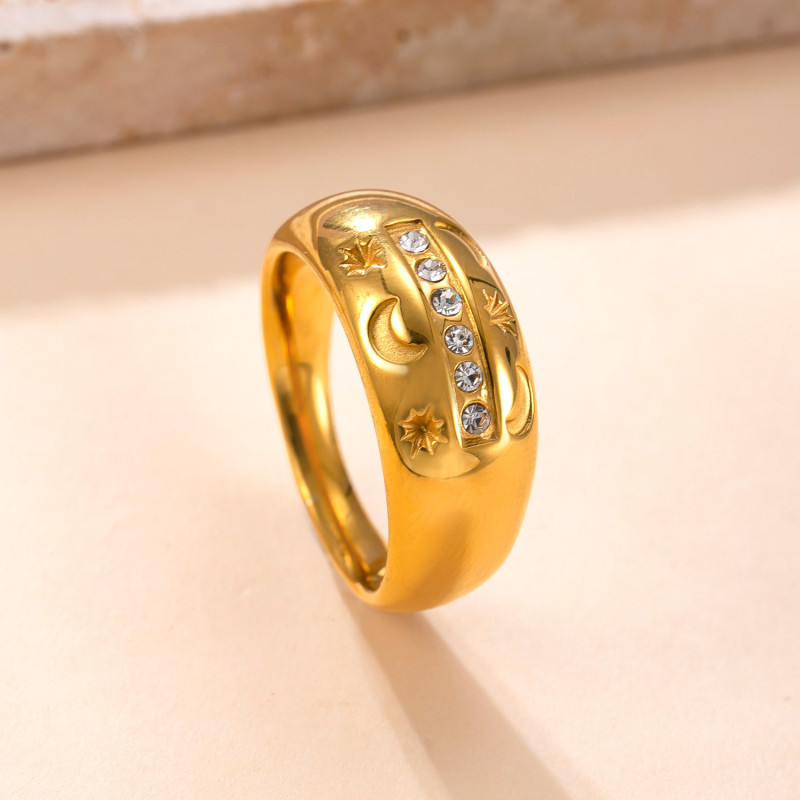 Cross-Border Hot-Selling Fashion Titanium Steel Jewelry Casting Micro-Inlaid Diamond Star and Moon Ring Light Luxury 18K Gold Plated Stainless Steel Ring