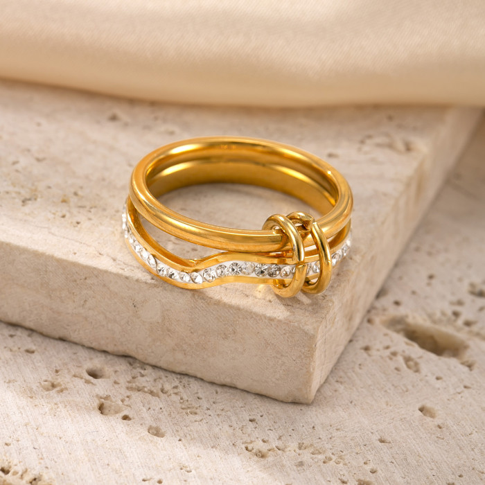 Hot-Selling Stainless Steel Jewelry 18K Gold Plated High-End Feel Stackable Ring Three-Layer Color Matching Stone-I...