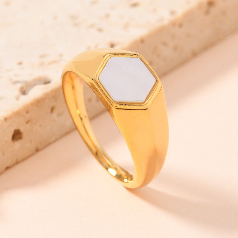 European and American Cross-Border Stainless Steel Ring Simple Personality Cast Geometric Shell Inlaid Ring 18k Gold Ring Jewelry