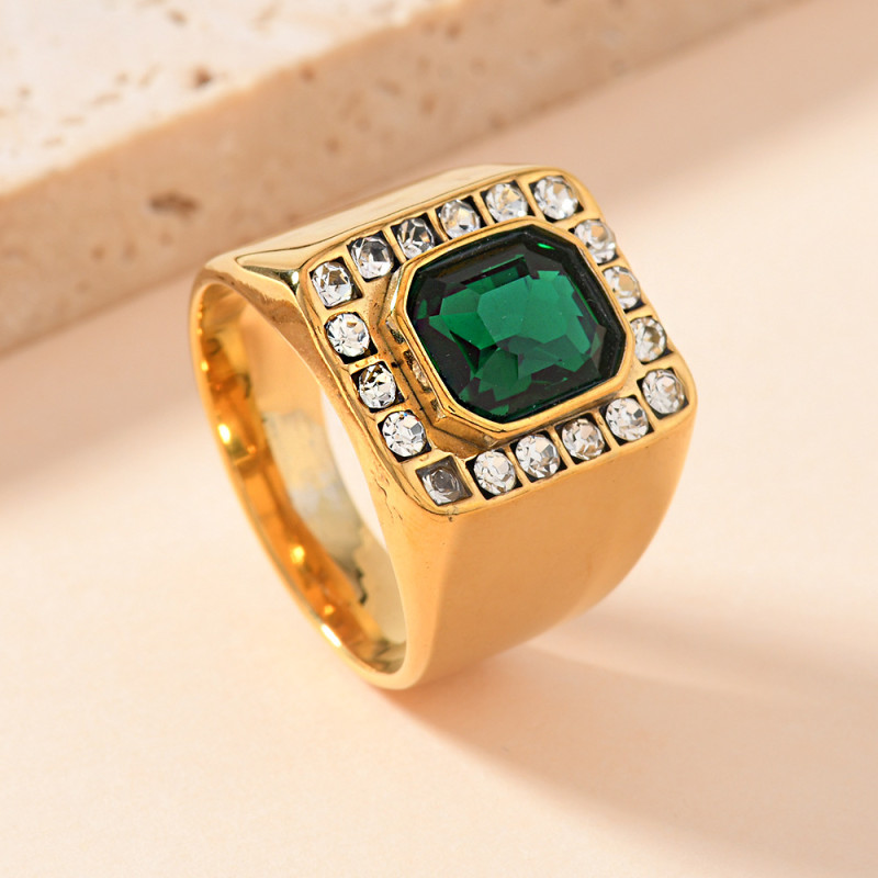European and American Cross-Border Stainless Steel Ring Casting Square Inlaid Colorful Diamond Ring Fashion Light Luxury Stainless Steel Jewelry Wholesale