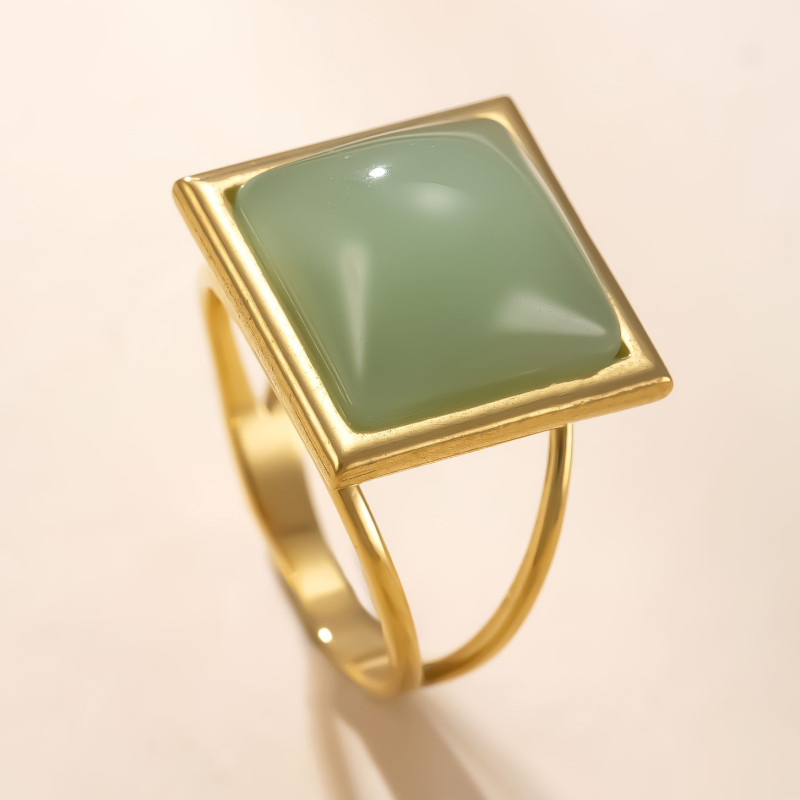 Cross-Border New Product Stainless Steel Jewelry Simple Palace Style Hydraulic Square Ring 18K Gold Plated Gemstone Ring Manufacturer
