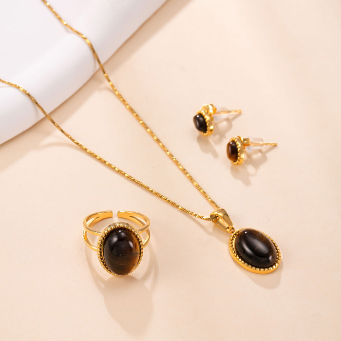 New Stainless Steel Necklace Hydraulic Tiger Eye Stone Open Ring High-End Vintage Titanium Steel Jewelry Set Factory