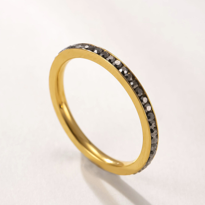 Cross-Border Hot-Selling Titanium Steel Jewelry 2mm Inlaid Colorful Diamond Couple Rings High-End Simple Stainless Steel Stackable Rings Factory